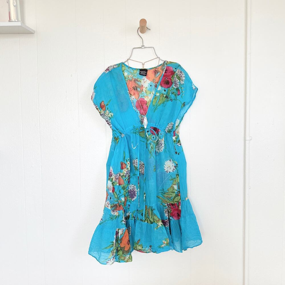 90s Thai Artisanal Dramatic Drop-Shoulder Tunic Dress Electric Turquoise Cotton